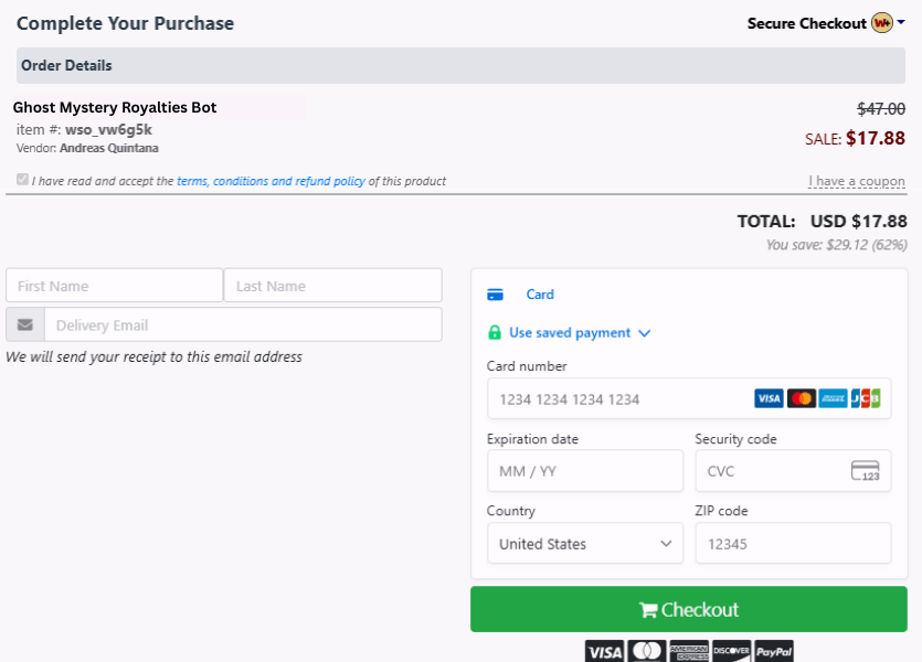 Ghost Mystery Royalties Bot checkout page